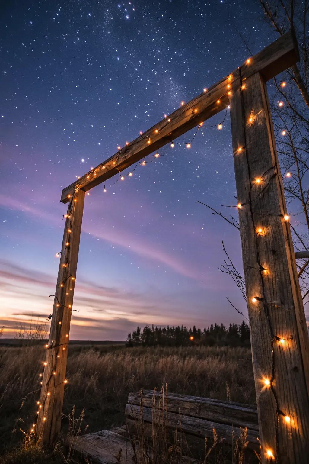 A wooden frame adorned with twinkling lights crafts a romantic backdrop for an evening wedding.