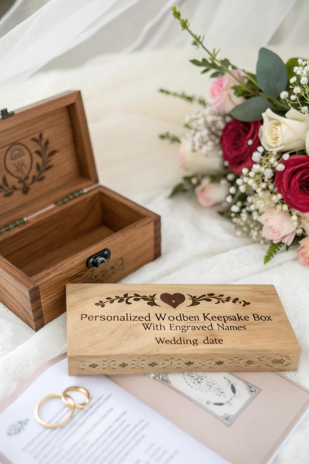 A beautifully personalized timber memento box for preserving those precious wedding memories.