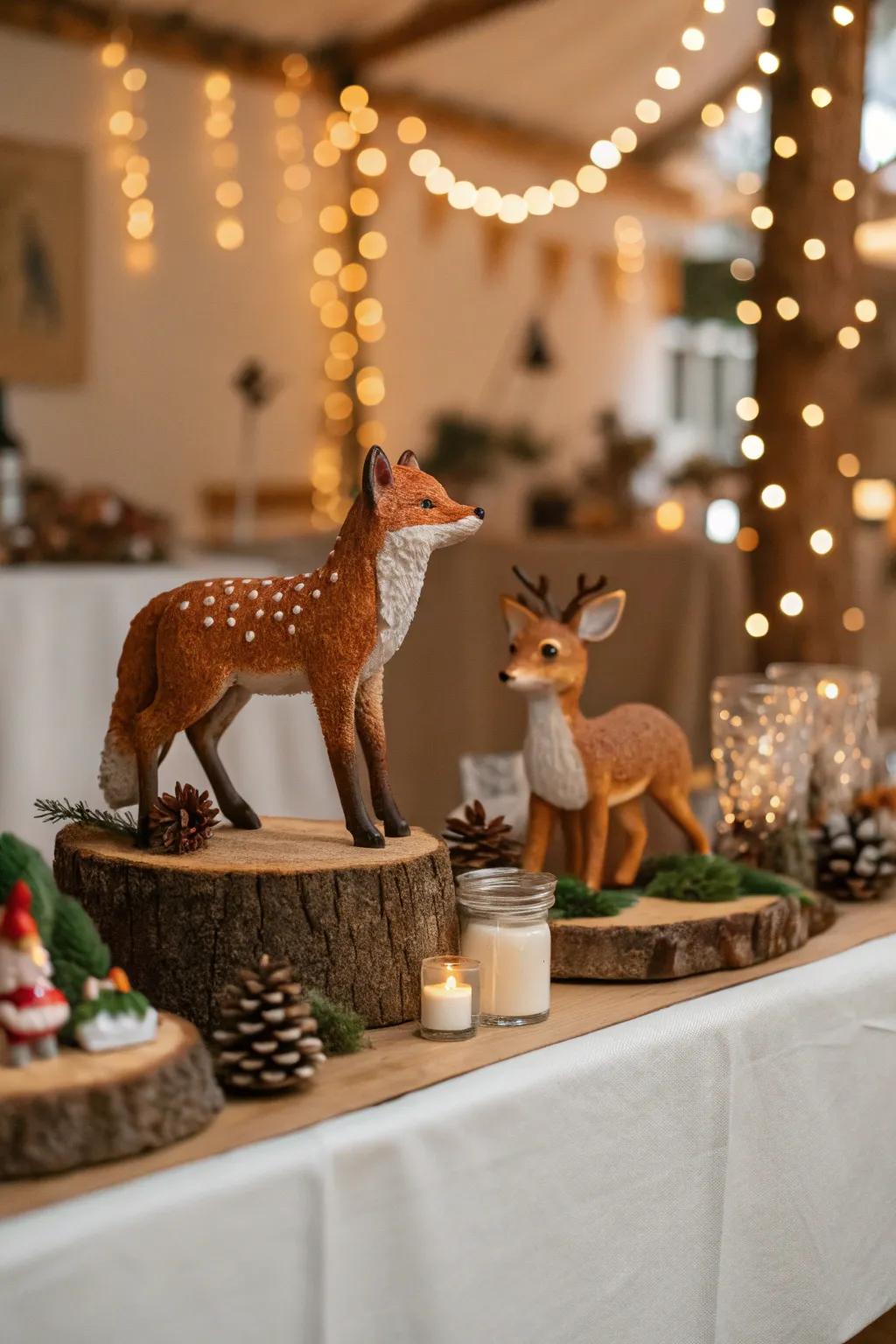 Forest animal figurines contribute charm and playfulness to the setting.