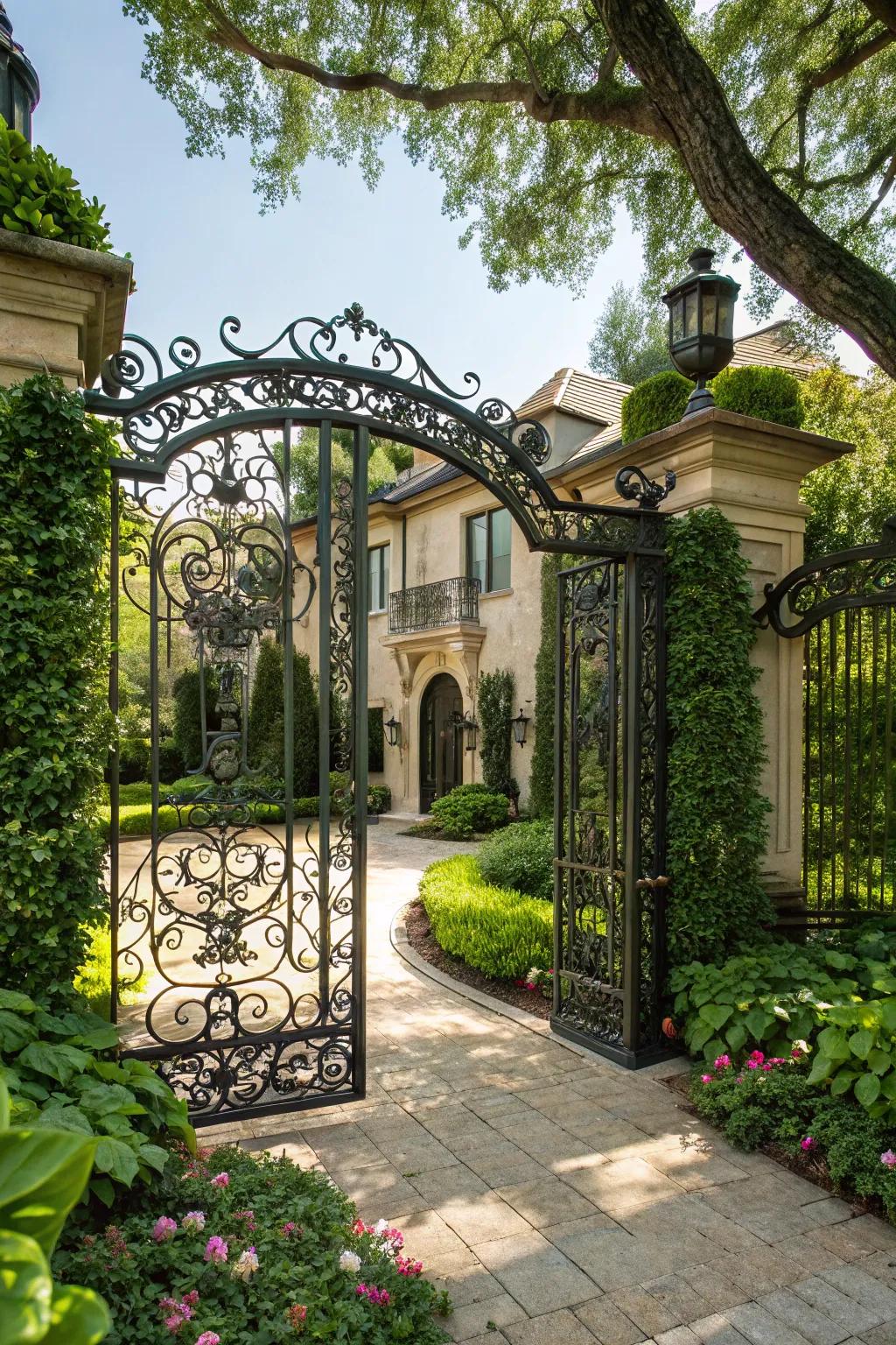 An iron portal establishes a distinguished ambiance for your home's entrance.