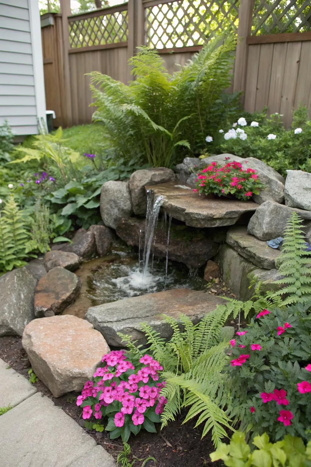 A natural stone spring perfectly integrated within a vibrant garden landscape.