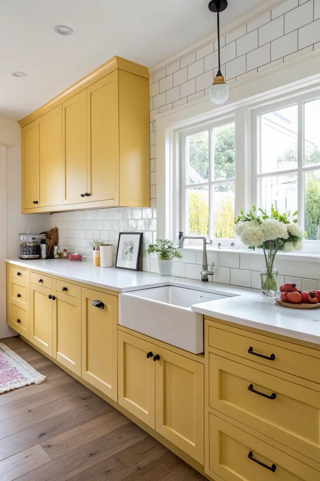 Bright yellow cabinets bring warmth to this modern kitchen.