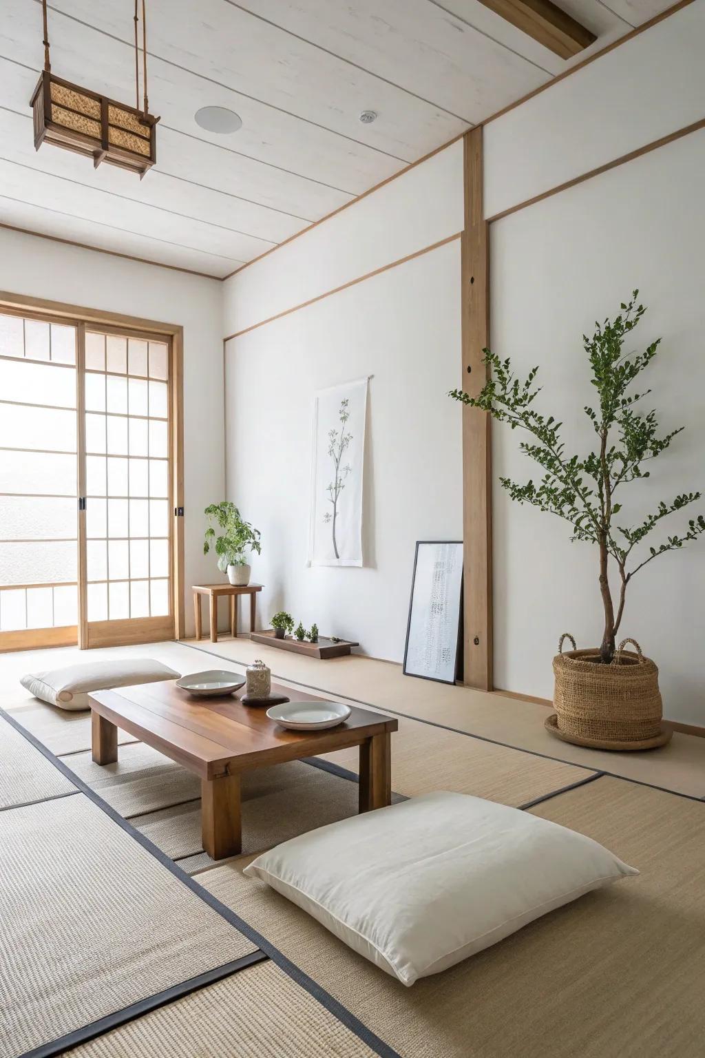 A minimalist zen room emphasizes the beauty of simplicity.