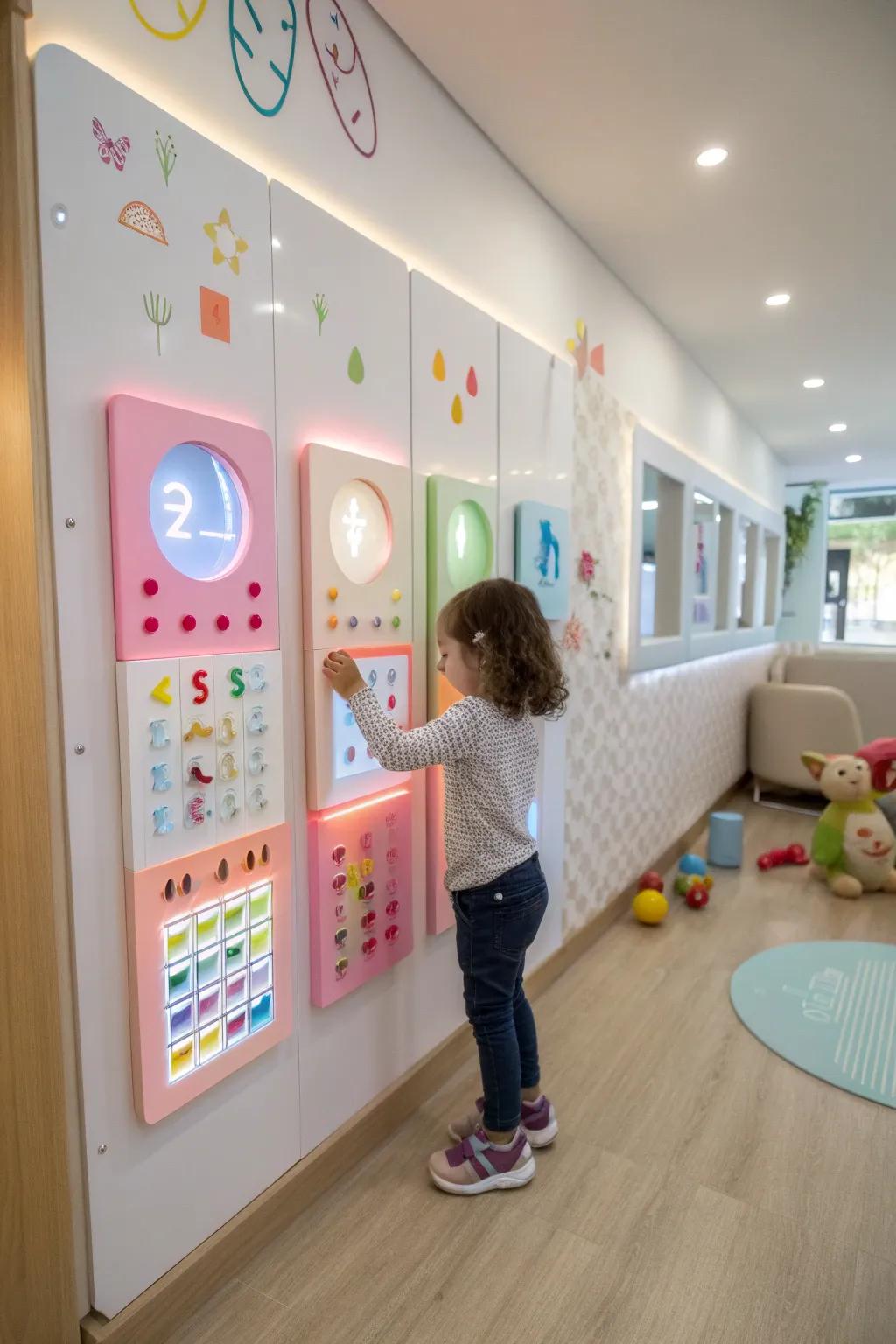 Interactive wall panels provide educational and playful engagement.