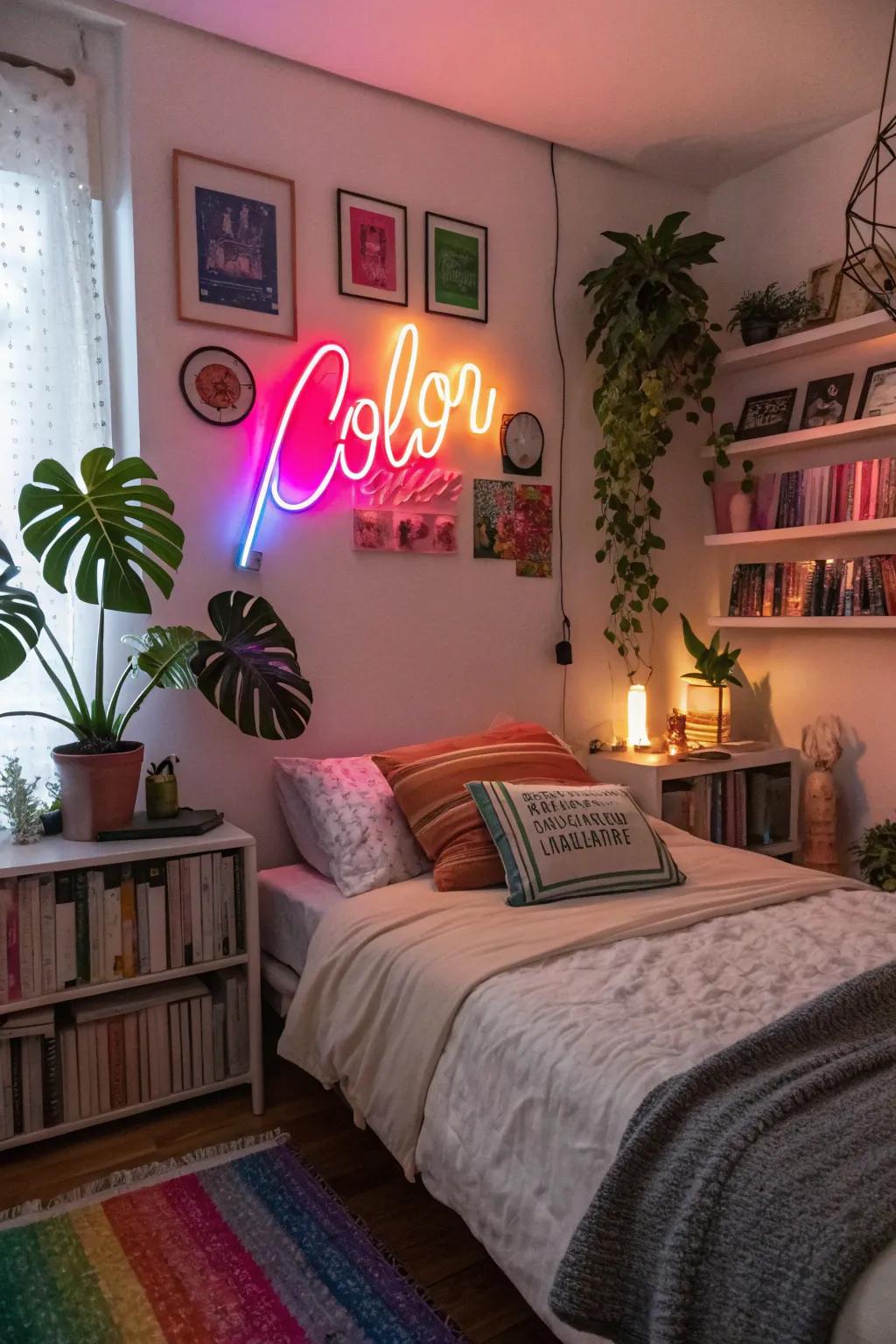 A striking neon sign serves as a focal element, contributing color and character.