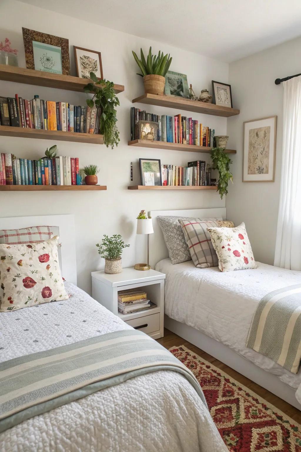 Floating shelves for space-saving decoration.