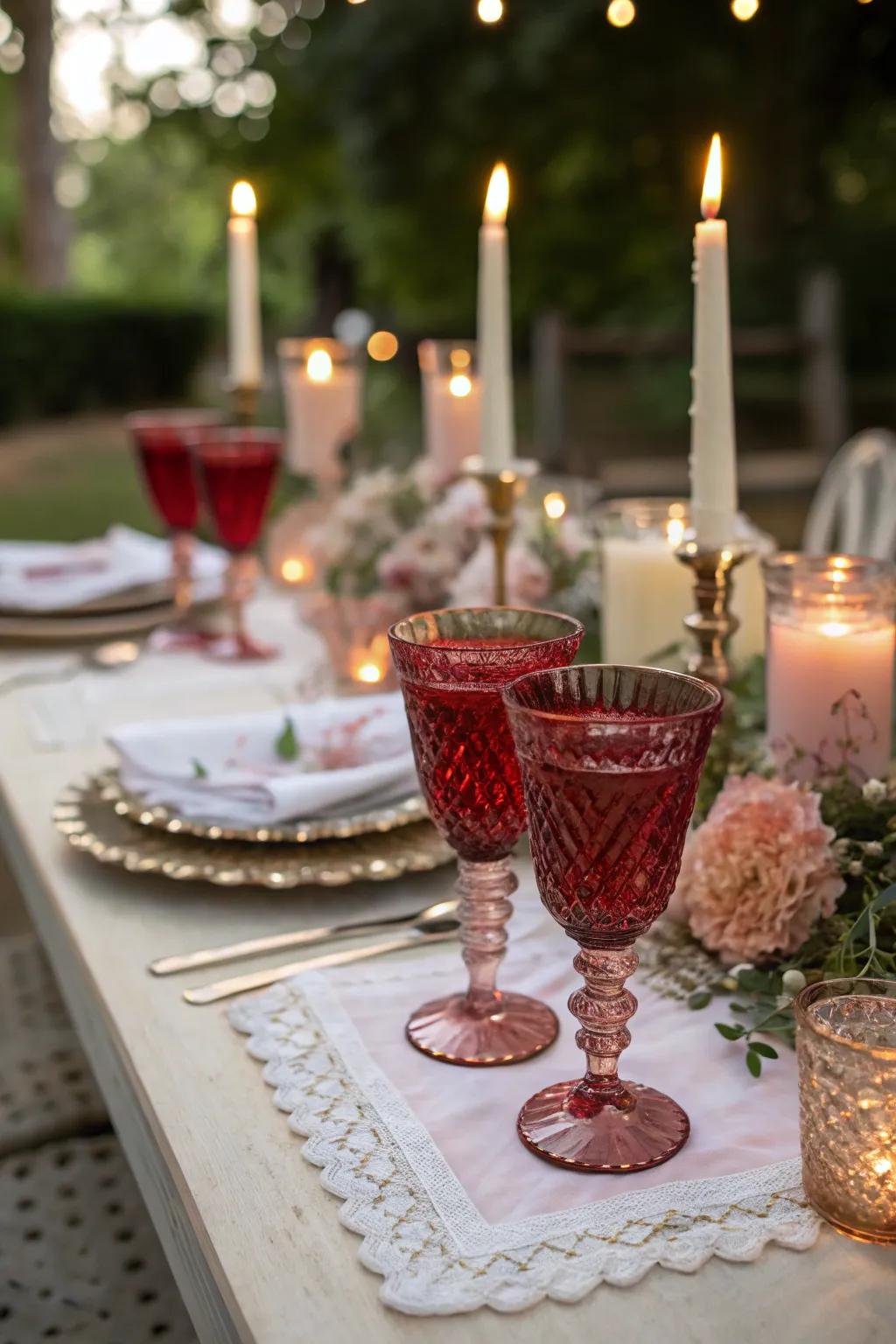 Vintage carmine drinkware provides a nostalgic elegance.