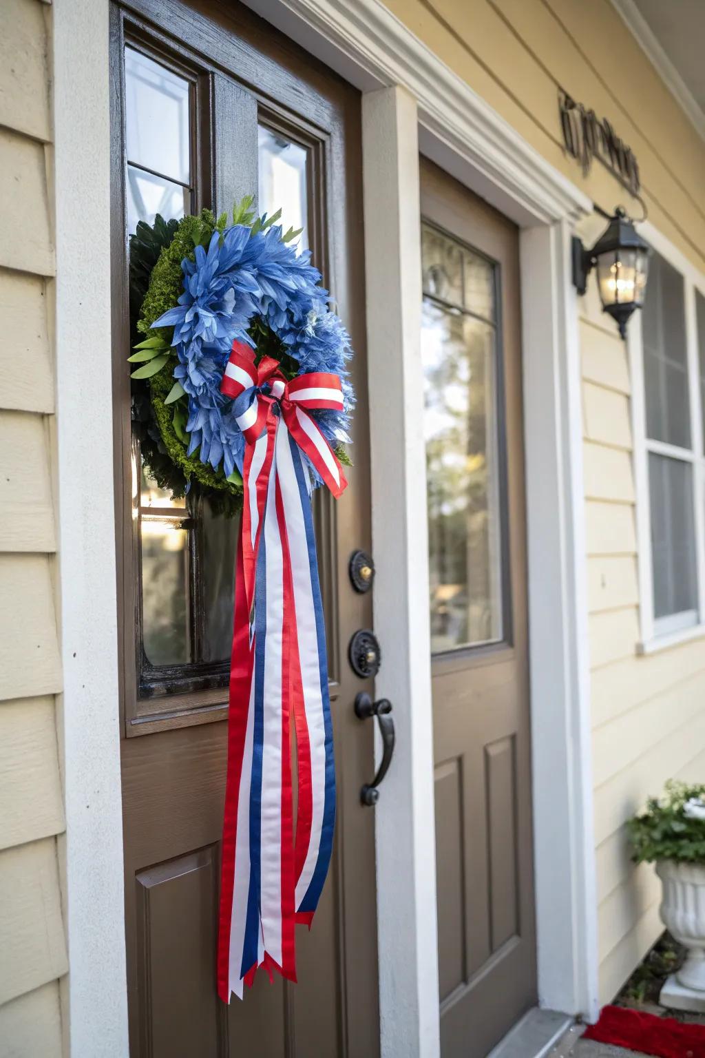 A DIY ribbon wreath welcomes visitors with nationalistic flair.