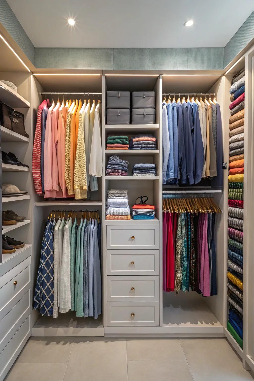Color coordination for a visually pleasing closet.