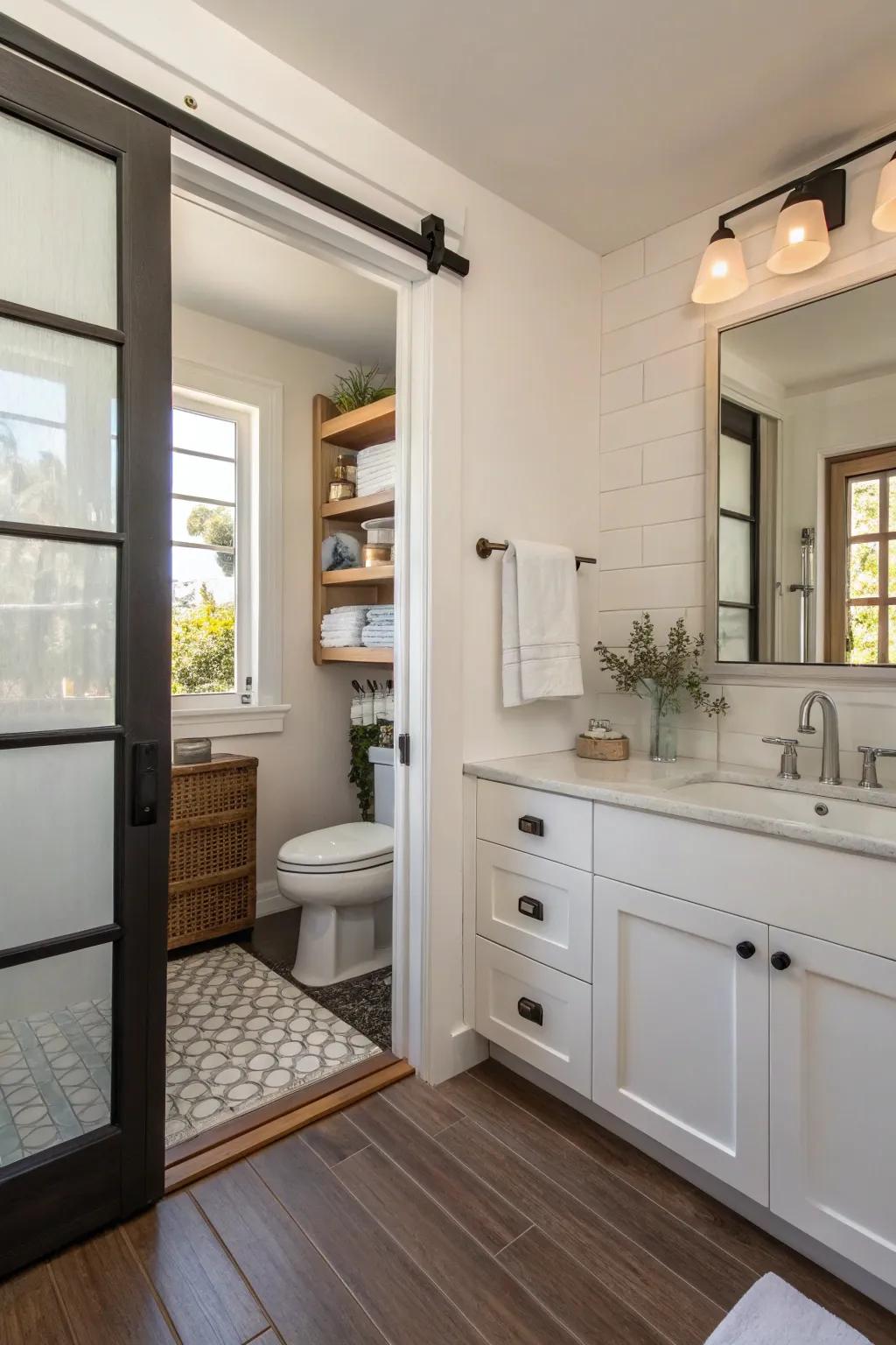 Recessed doors conserve area and augment the flow within petite lavatories.