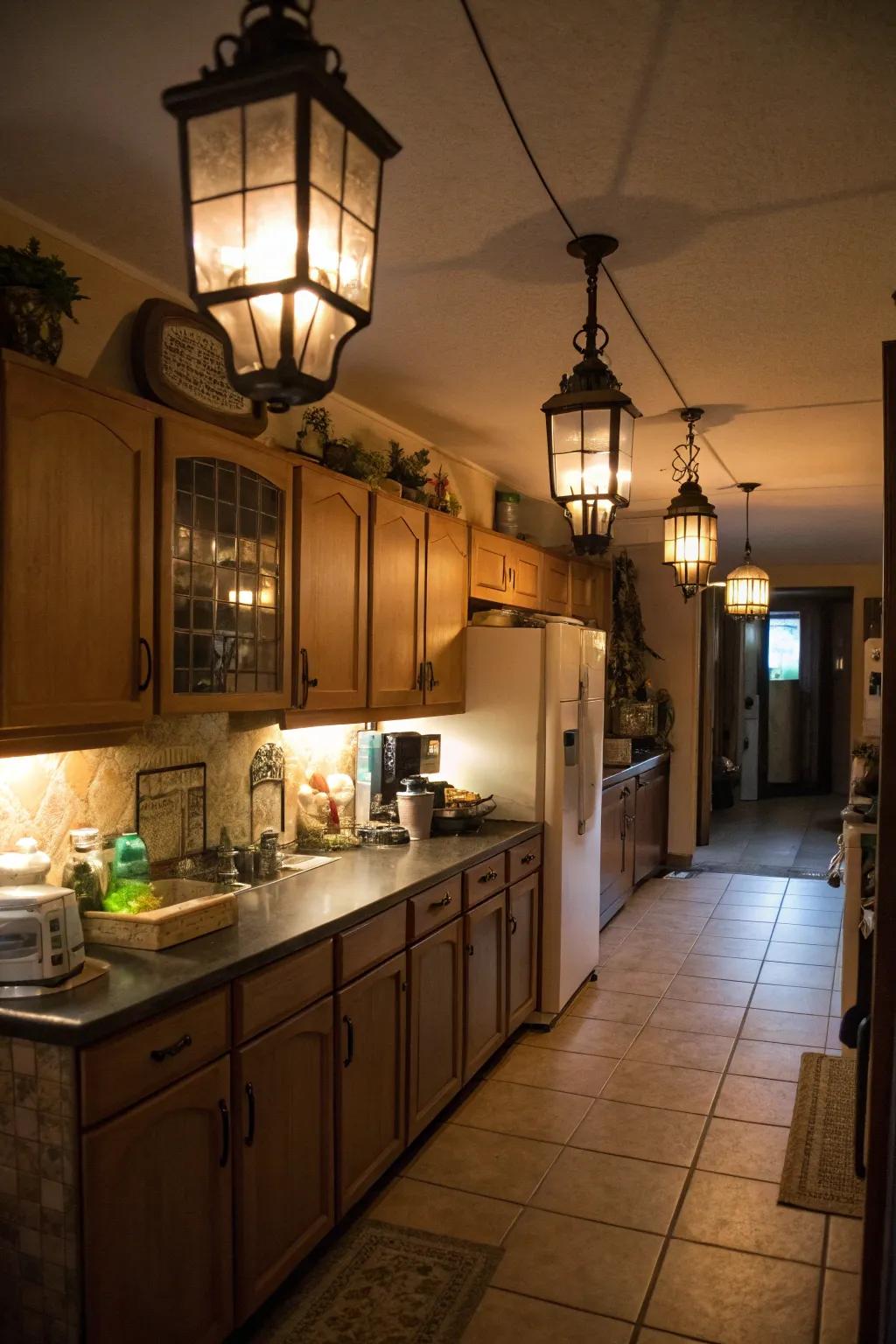 Lamps provide a warm and inviting radiance above the fridge.