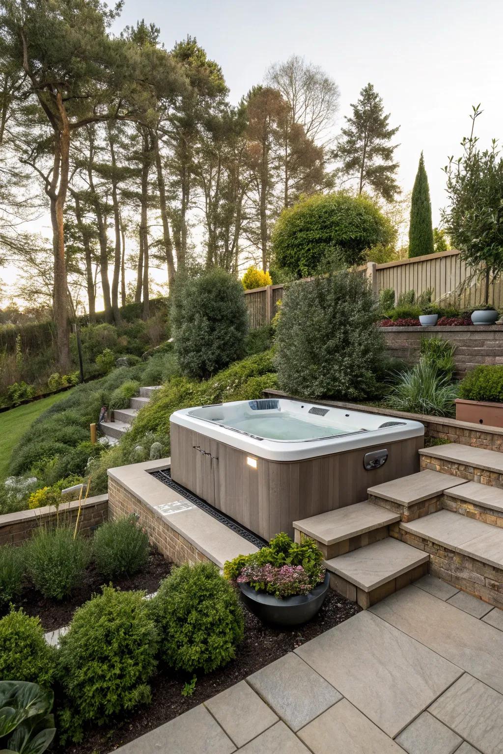 Multi-tiered landscaping infuses dimension and intrigue to your hydro-therapy tub area.