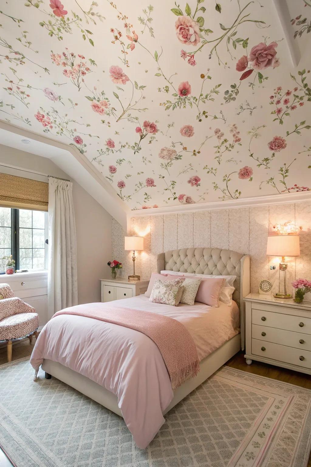 Botanical wall covering on the ceiling introduces a hint of quirkiness.