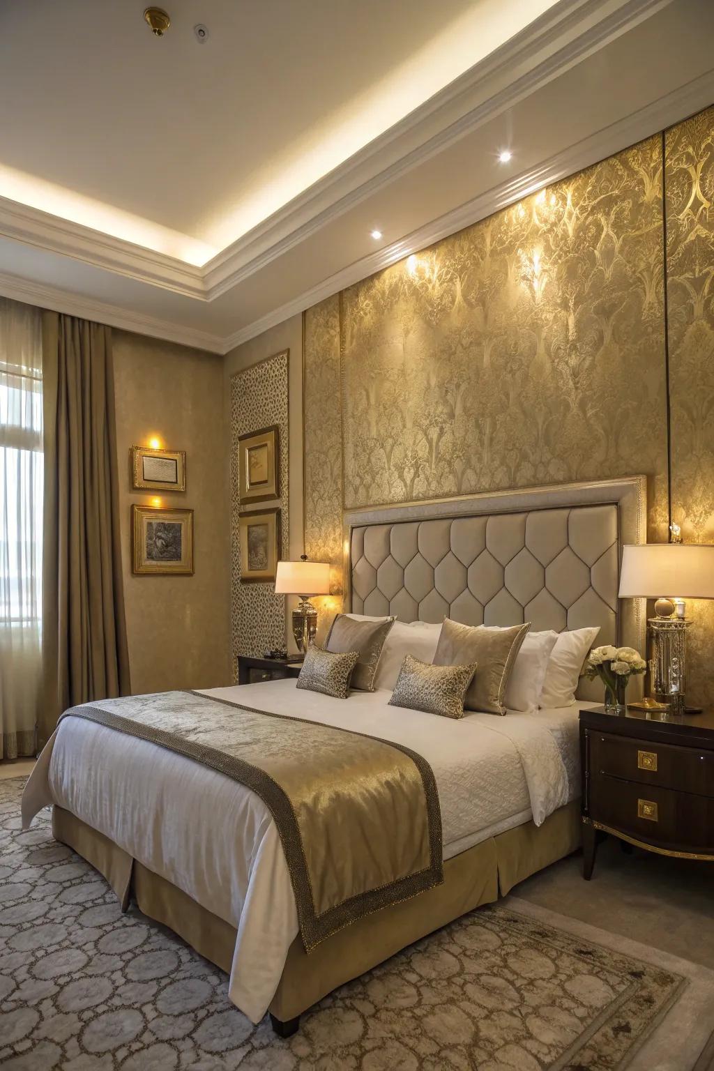 A metallic gold feature wall brings a luxurious and reflective quality to the bedroom.