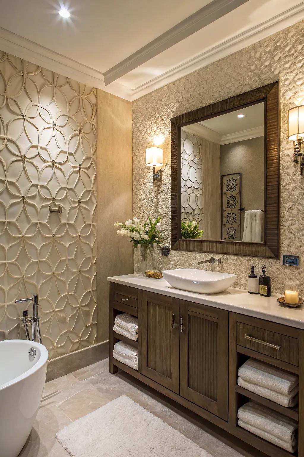 A bathing space with a textured feature wall introducing depth and intrigue.