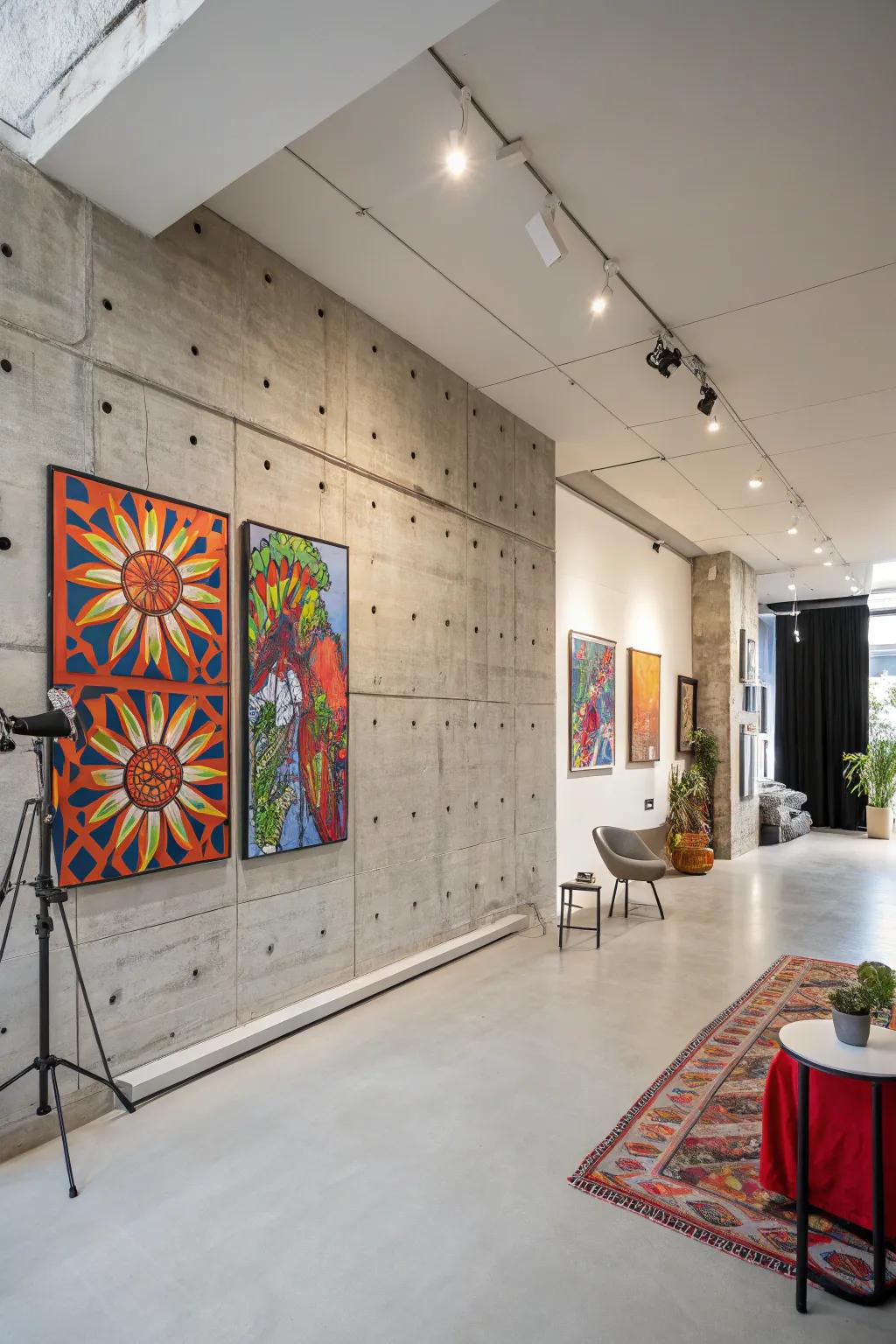 A studio featuring a concrete accent wall for a modern industrial look.