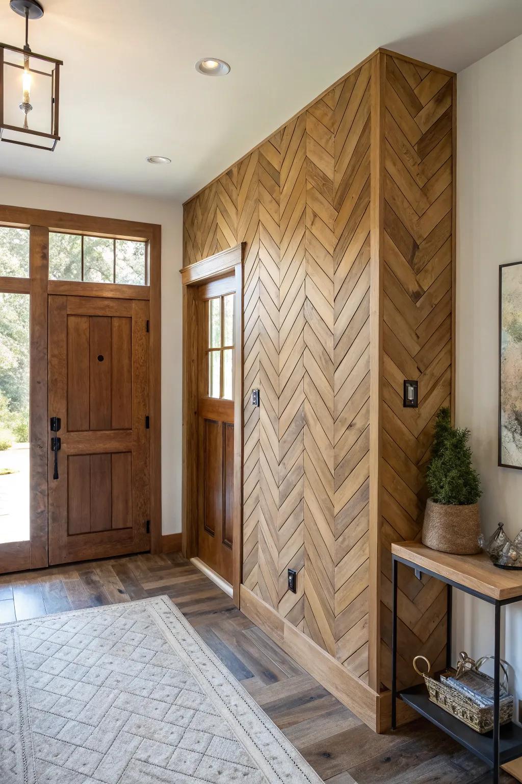 An entranceway highlighted by a herringbone wood panel feature wall.