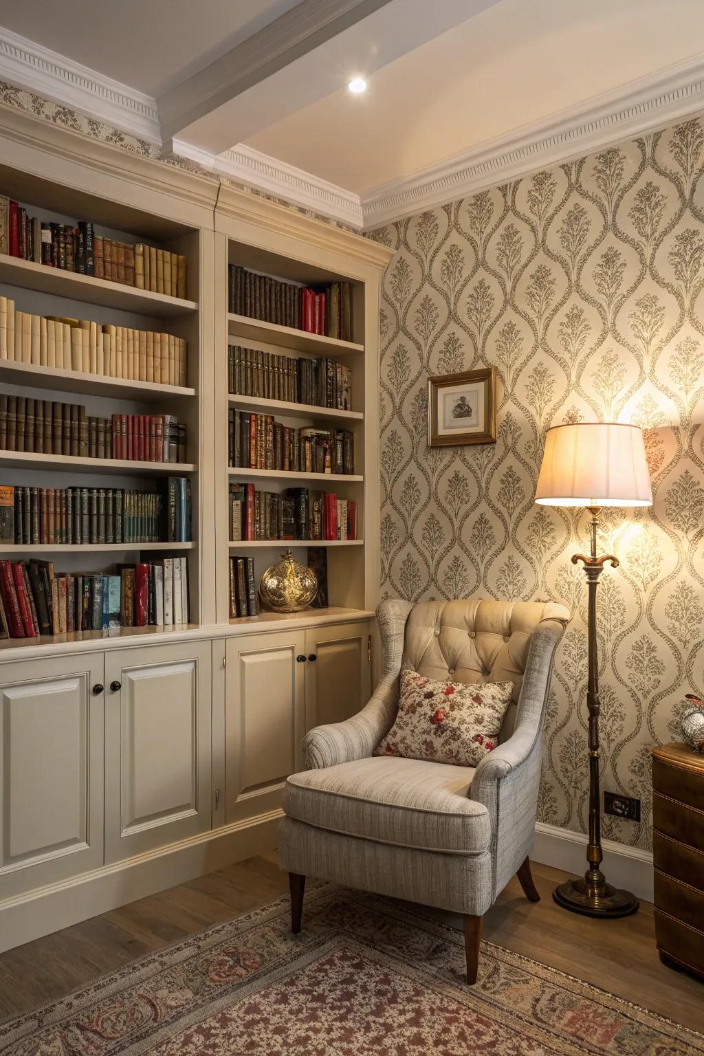 Classic wallpaper adds elegance to a cozy home library.