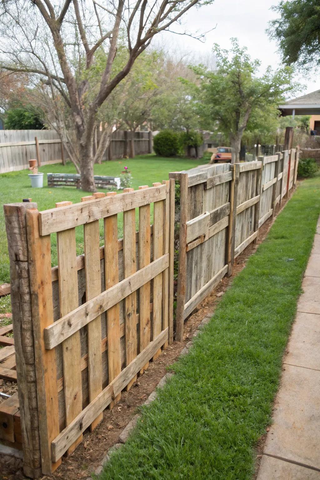 Repurposed timber boards create rustic and eco-friendly fencing.