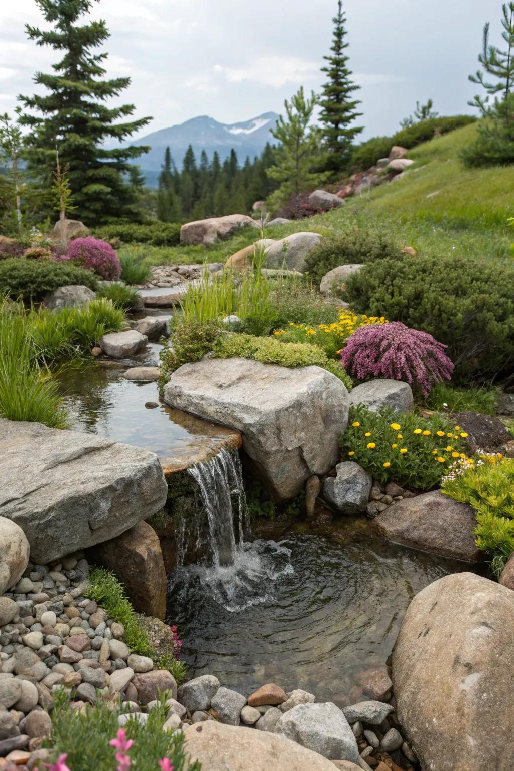 A soothing water feature nestled in an alpine setting.
