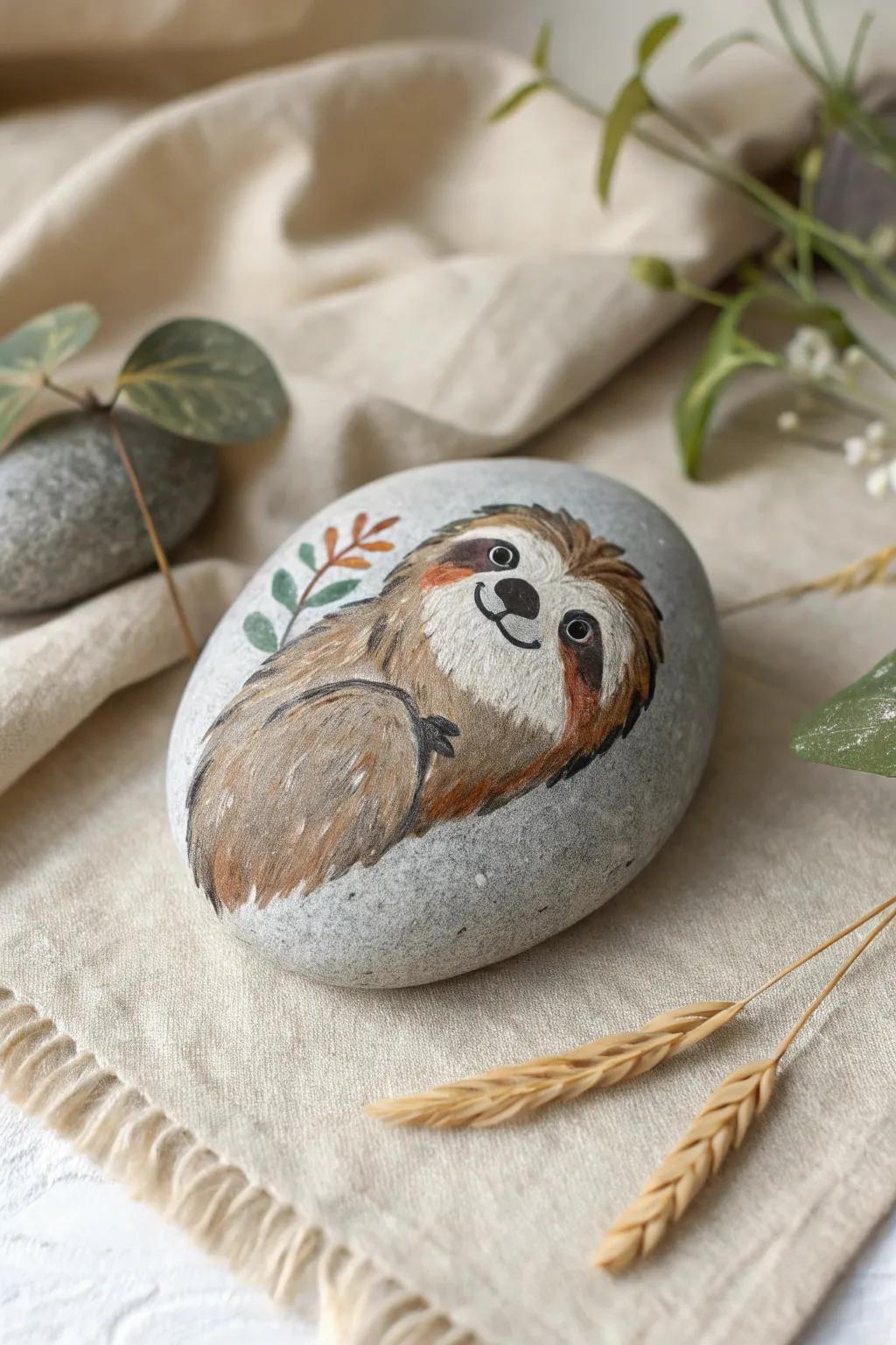 Encapsulate the tranquil allure of sloths through this exquisitely crafted stone painting.