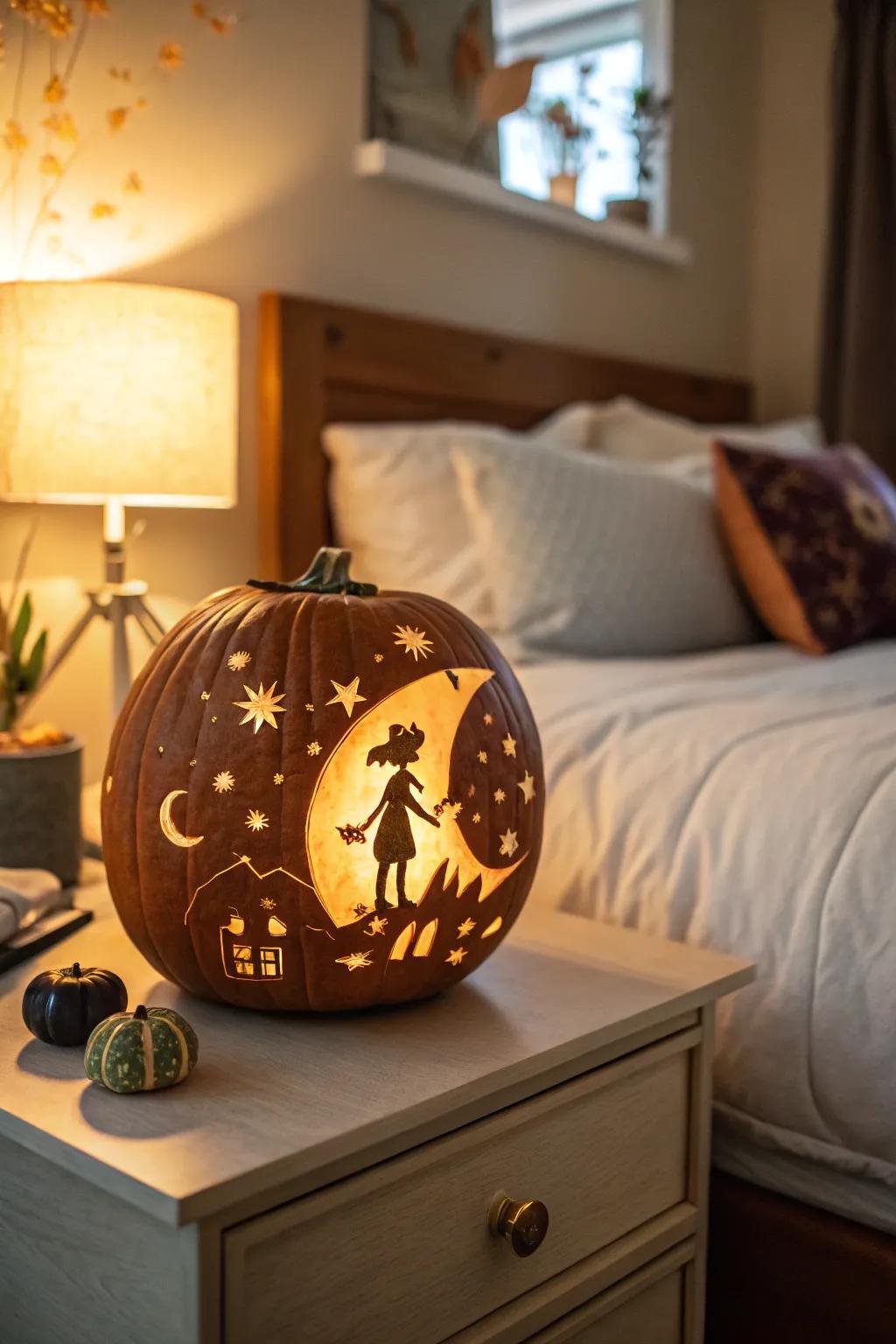 Create tranquility with an anime-inspired nocturnal ambiance pumpkin.