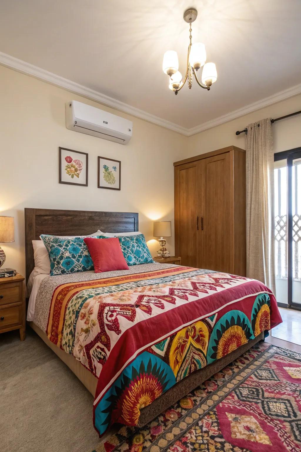 An apartment bedroom energized by vibrant and colorful bedding.