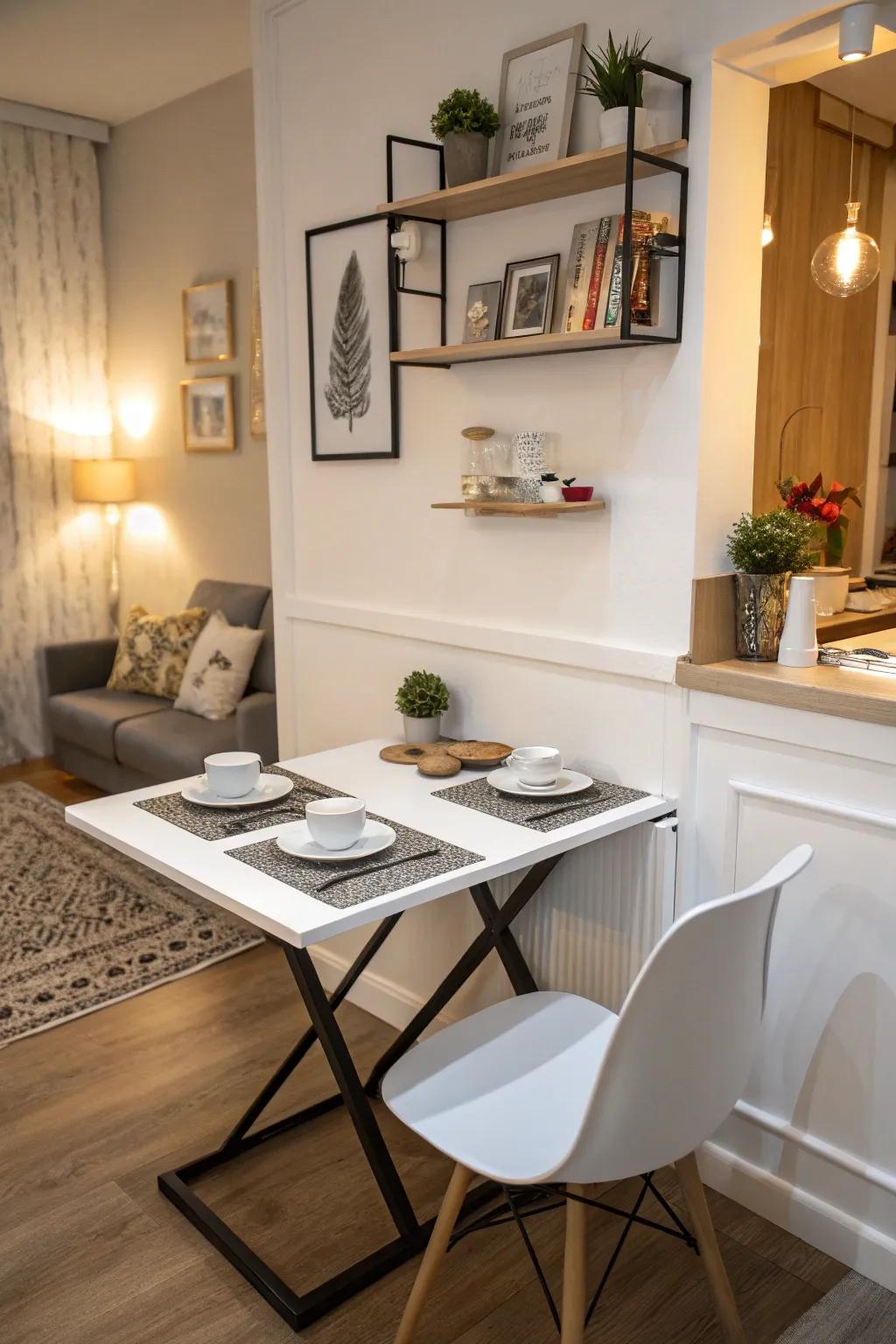Wall-mounted tables maximize floor area.