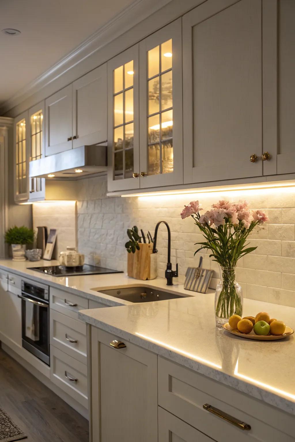 A kitchen featuring under-cabinet illumination for enhanced visibility.