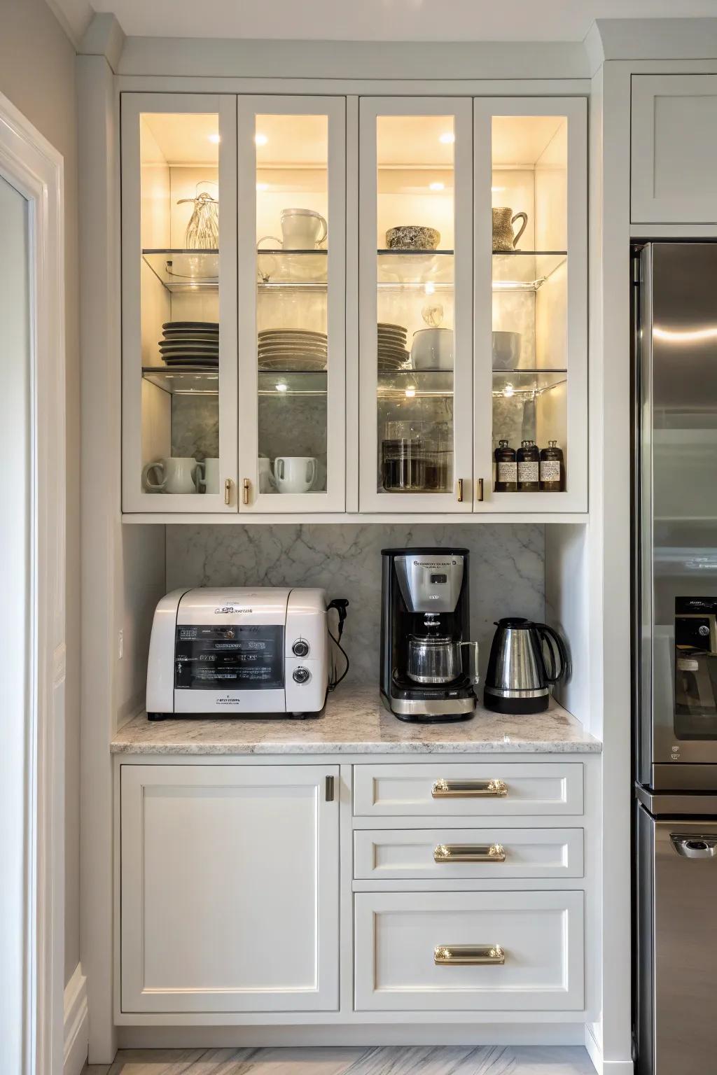 Glass doors display appliances, adding a stylish design feature to the kitchen.