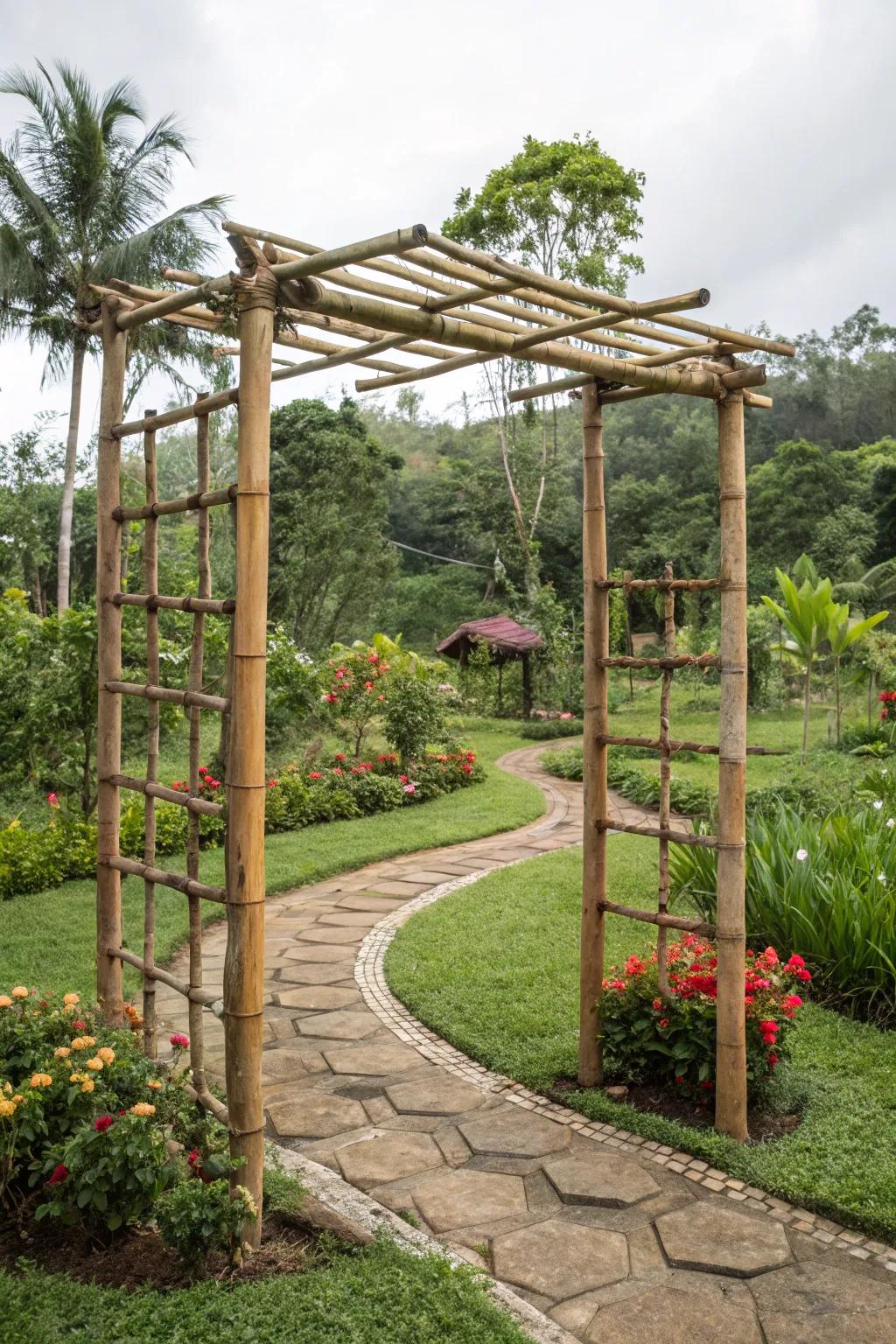 A bamboo pergola provides a sustainable and fashionable garden feature.