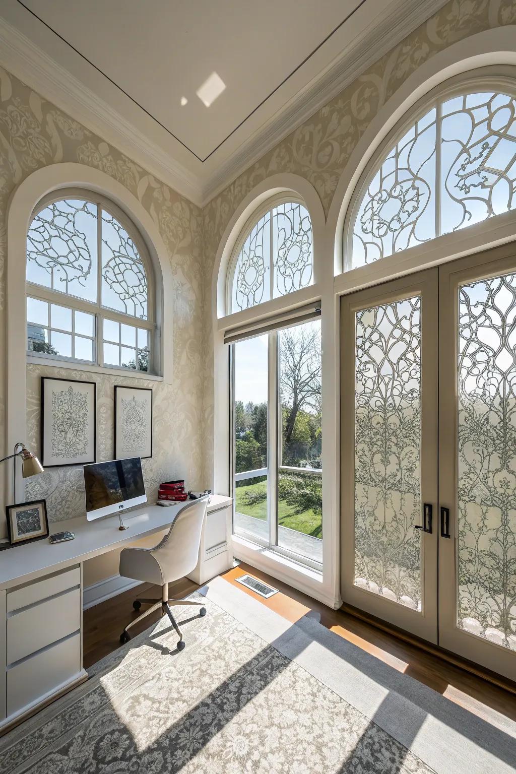 Contemporary home office featuring decorative overlays on arched windows.
