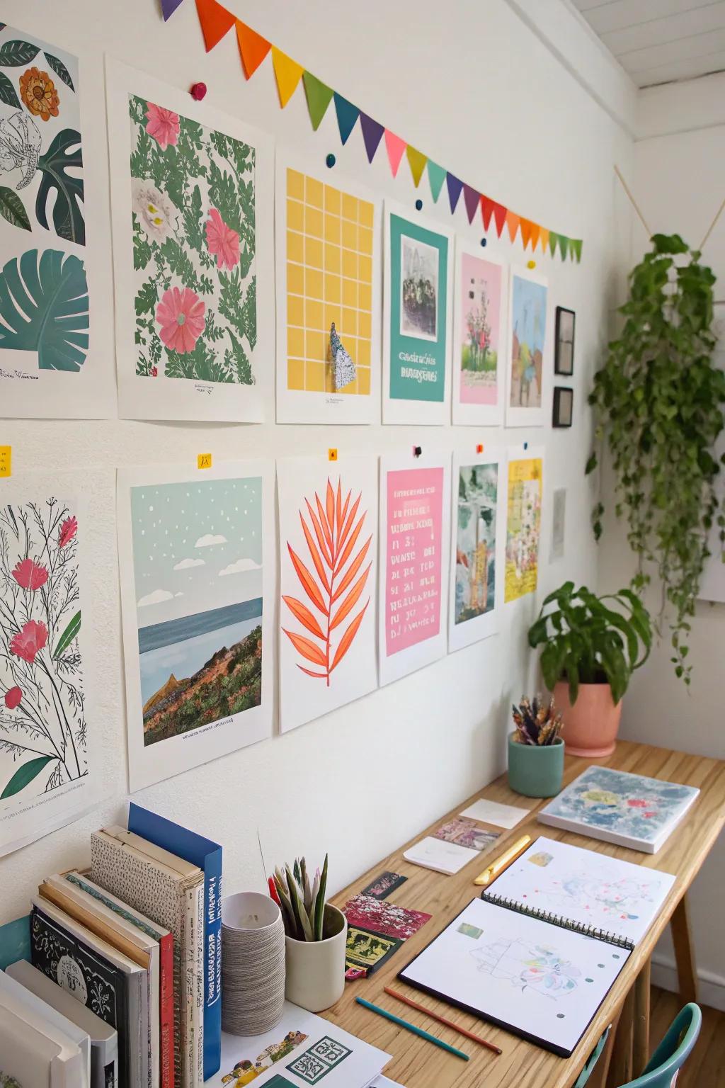 Art prints displayed using colorful ornamental tape for a spirited flair.