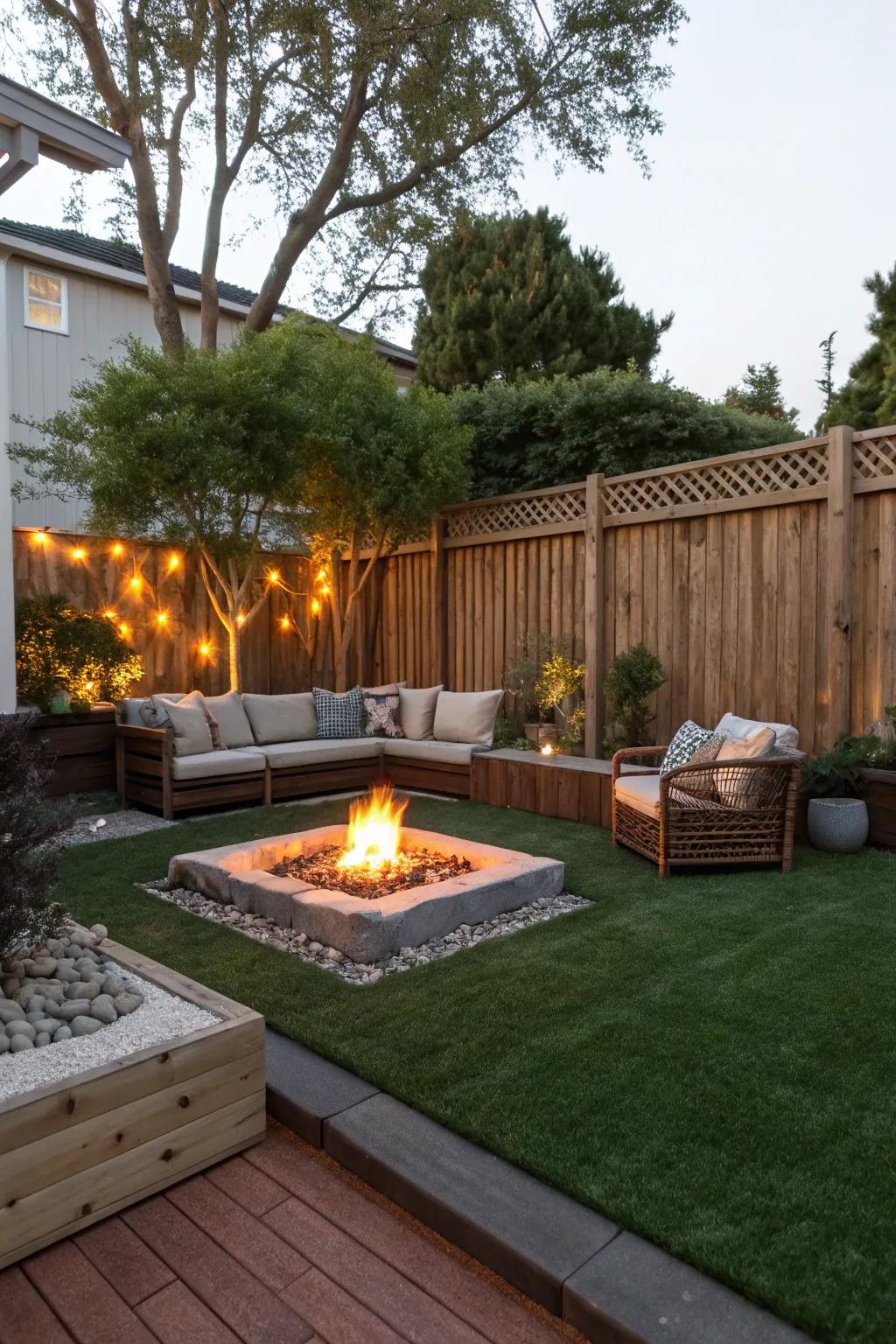 A cozy flame area on green synthetic turf.