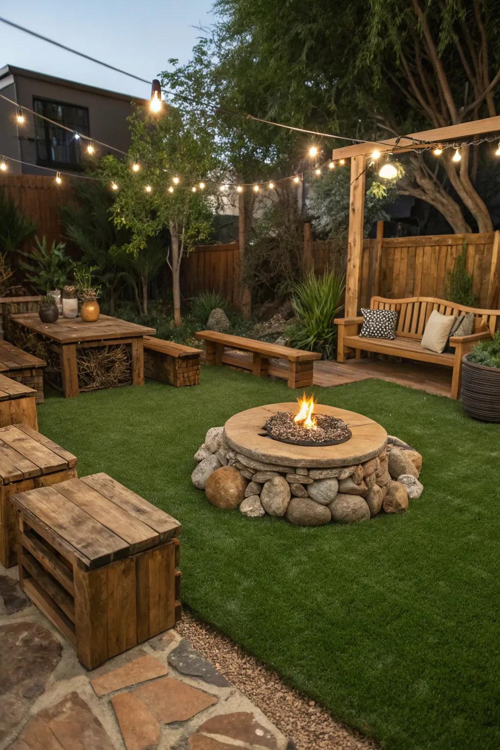 Capture rustic appeal with natural elements and synthetic grass.