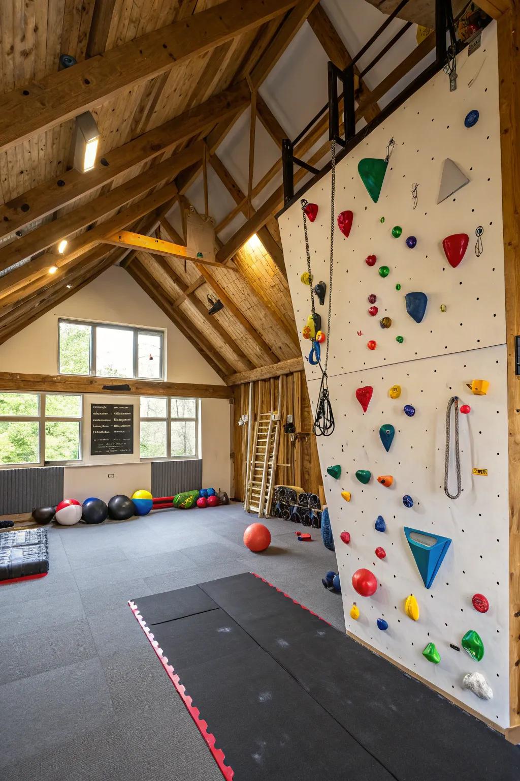 A climbing wall enhances the exercise routine by adding a fun and difficult element.