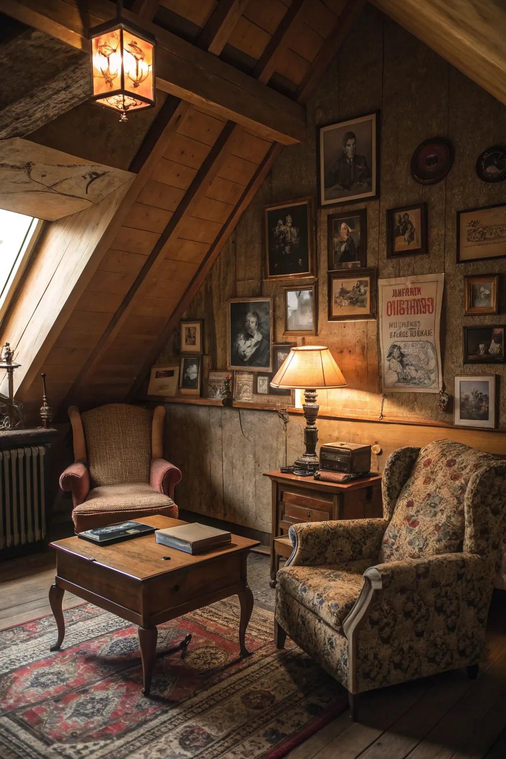 Travel back in time within a vintage-inspired attic lounge.