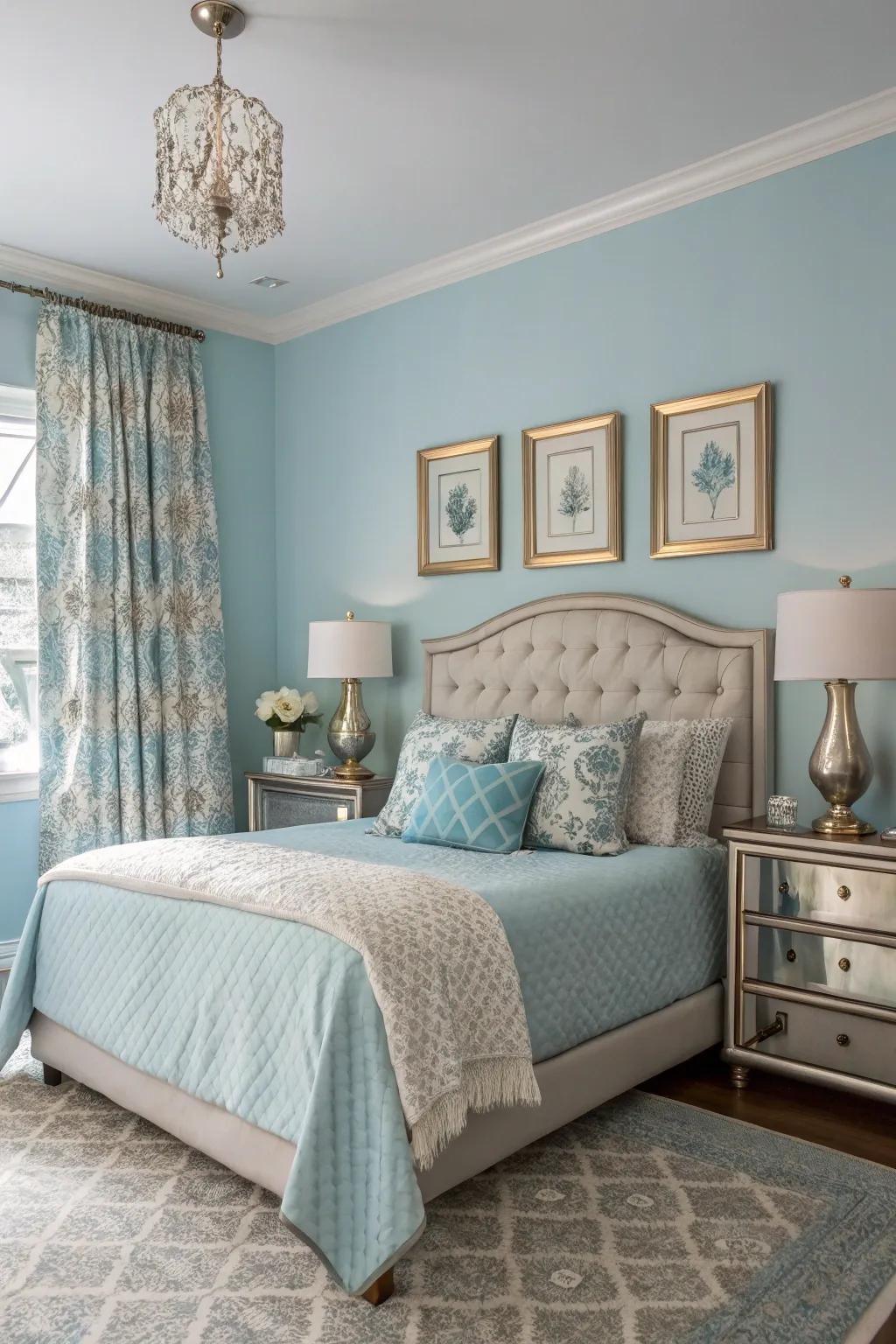 Metallic touches elevate the elegance of an azure bedroom.