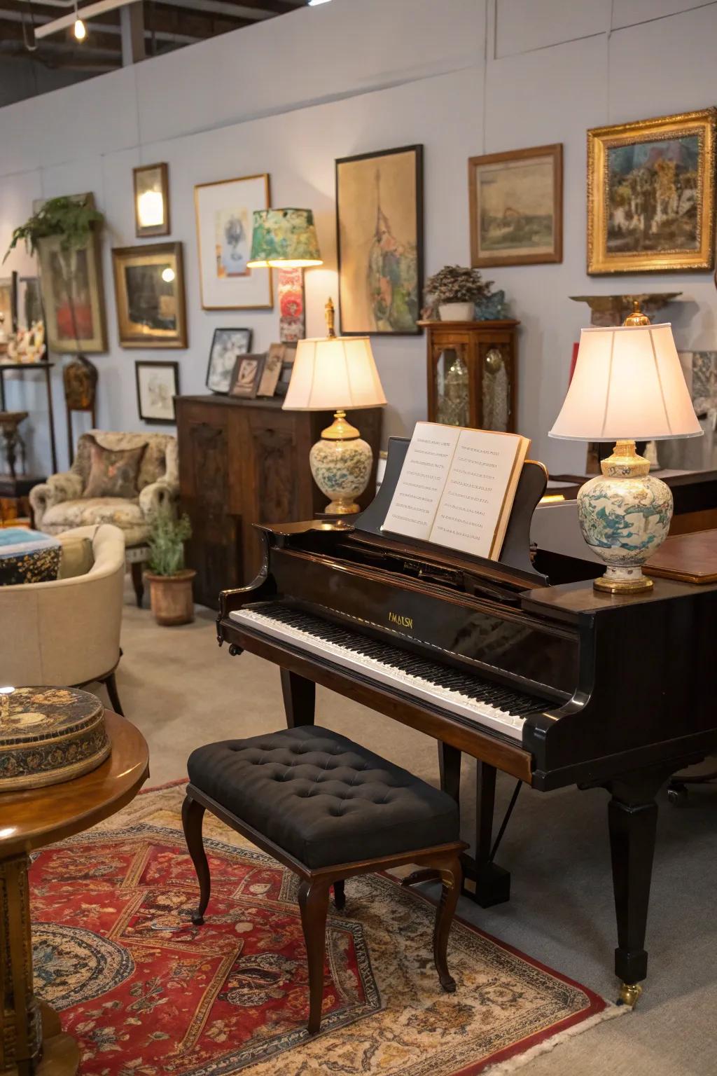 An assorted blend injects a distinctive allure into the piano's area.