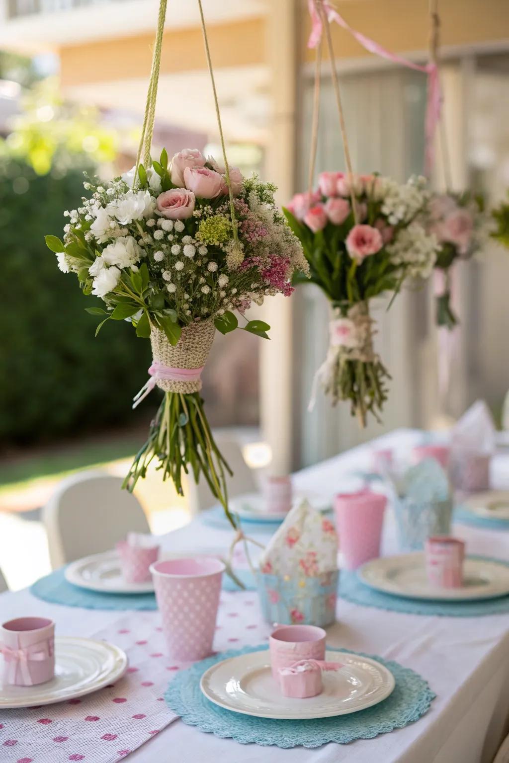 Appealing dangling bouquets creating a unique centerpiece