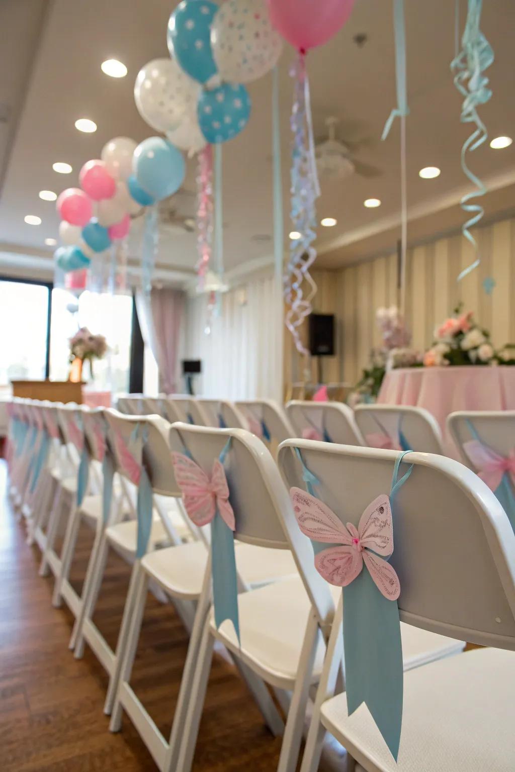 Chairs are transformed with beautiful butterfly embellishments.