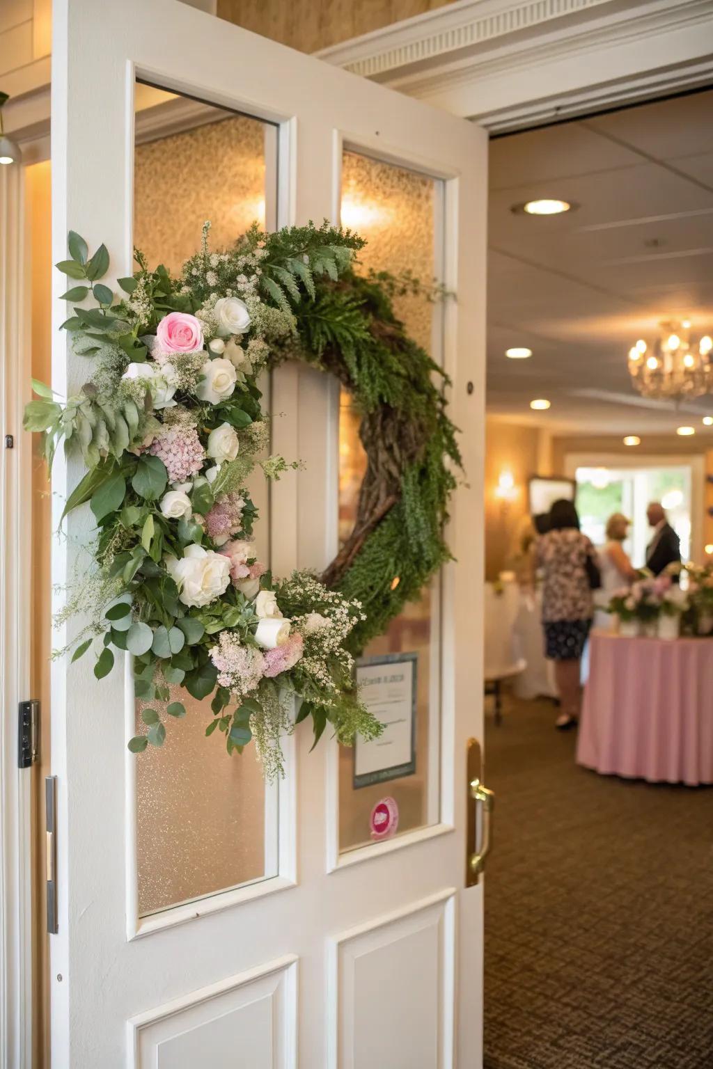 A seasonal garland adorns the entrance with warmth and style.