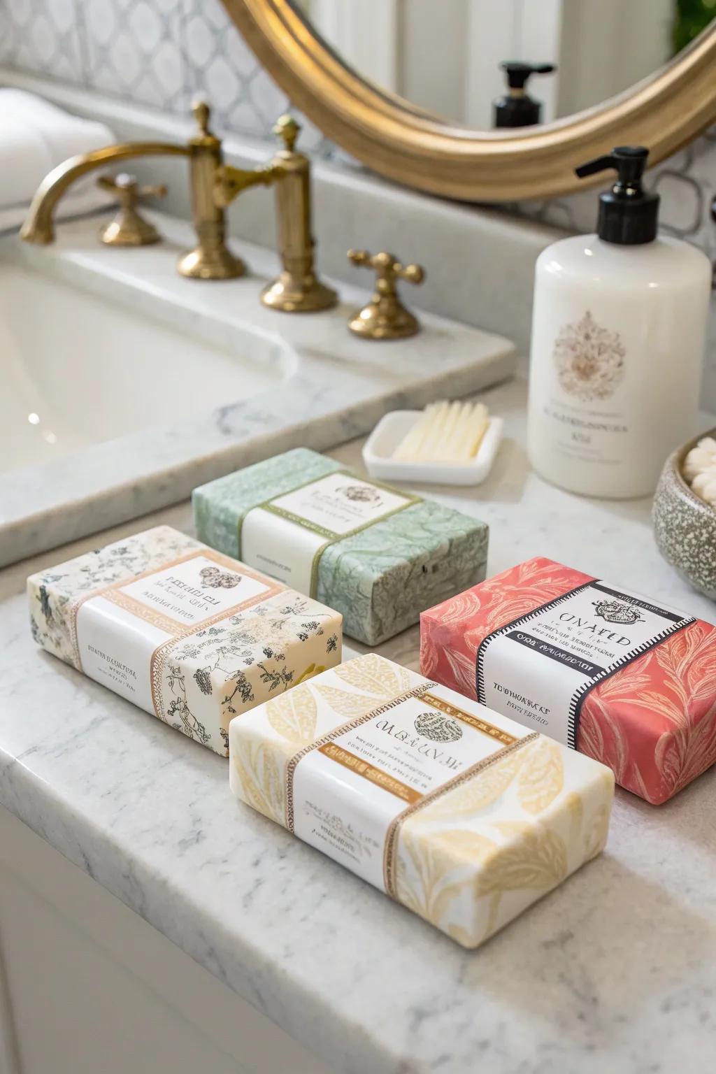 Decorative cleansing bars contribute a hint of extravagance.