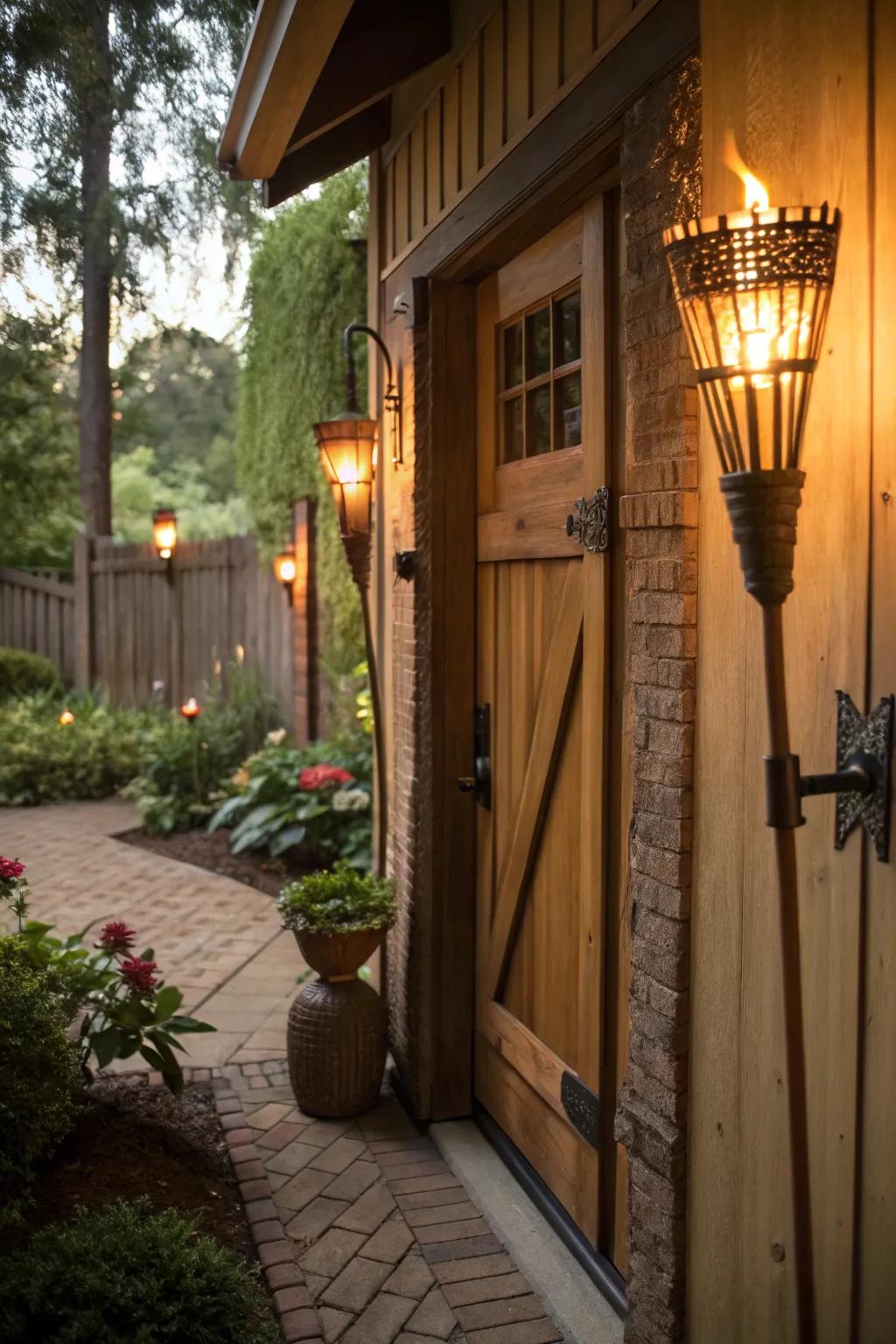 Rustic torch lights introduce a dramatic and exotic element.