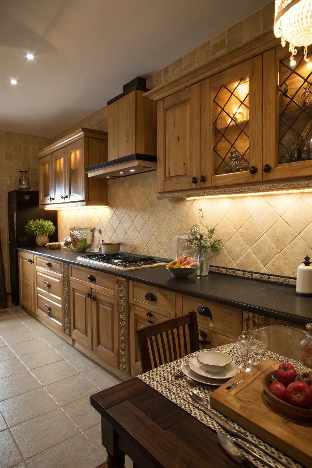 Beige tiles offer a warm and inviting contrast to black countertops.