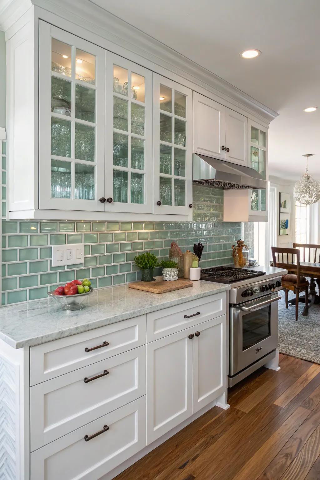 Clear tiles introduce contemporary elegance to this white kitchen.