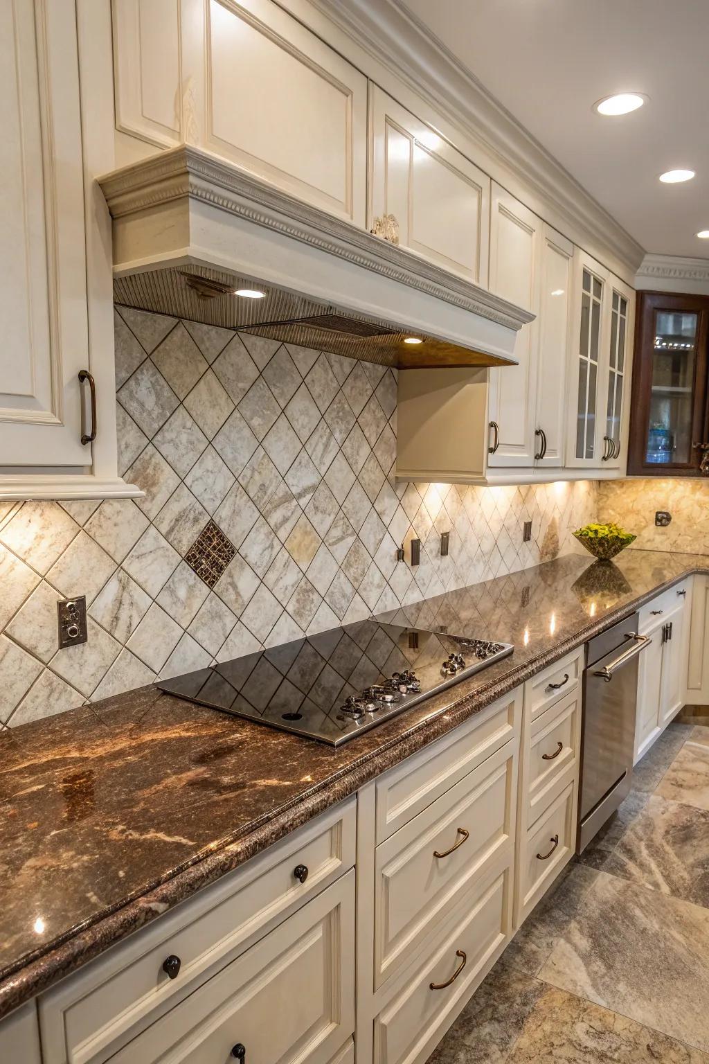 Marble-styled tiles complement the elegance of fantasy brown granite.