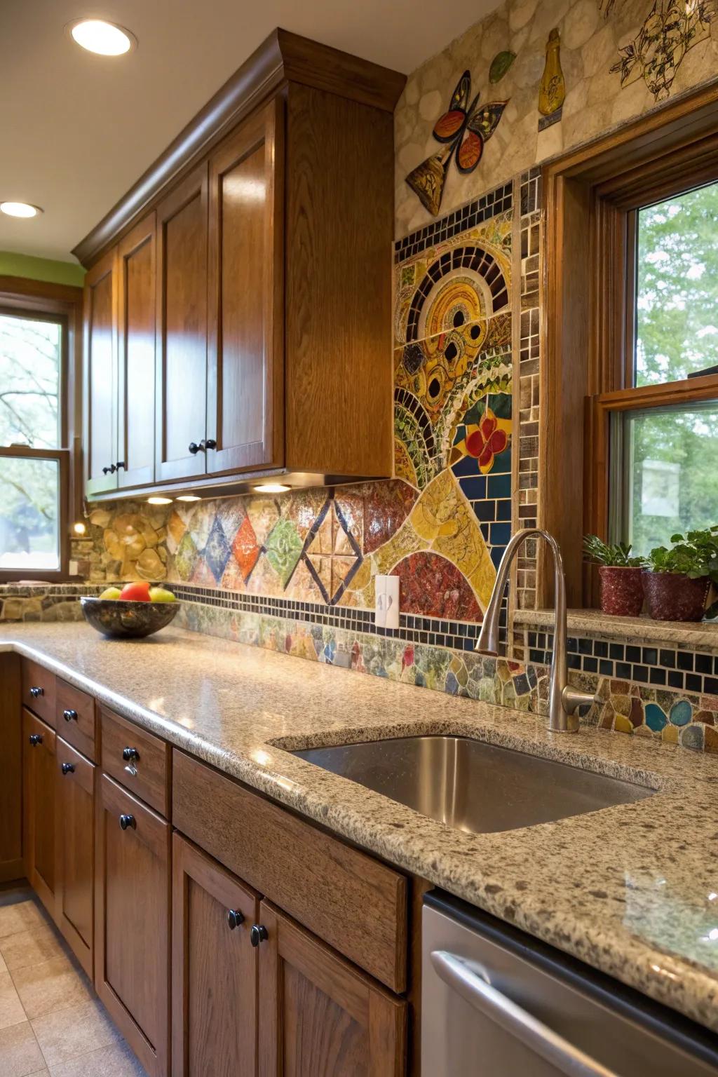 Mosaic highlights introduce an eclectic charm to granite countertops.