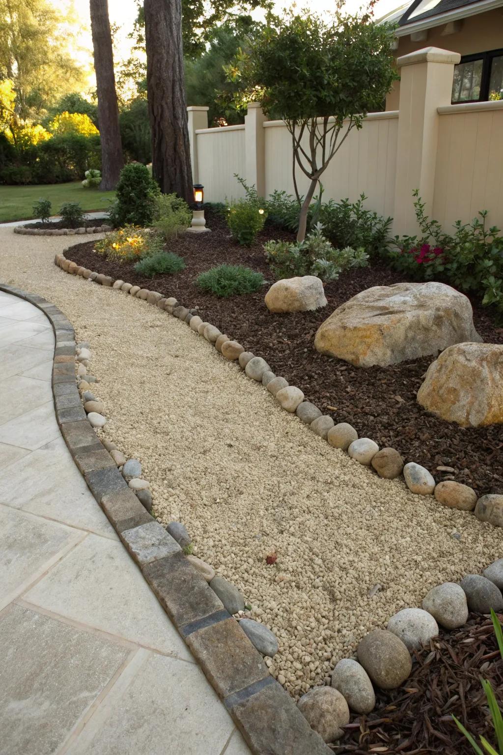 Ornamental bordering alongside crushed rock establishes neat and structured garden spaces.
