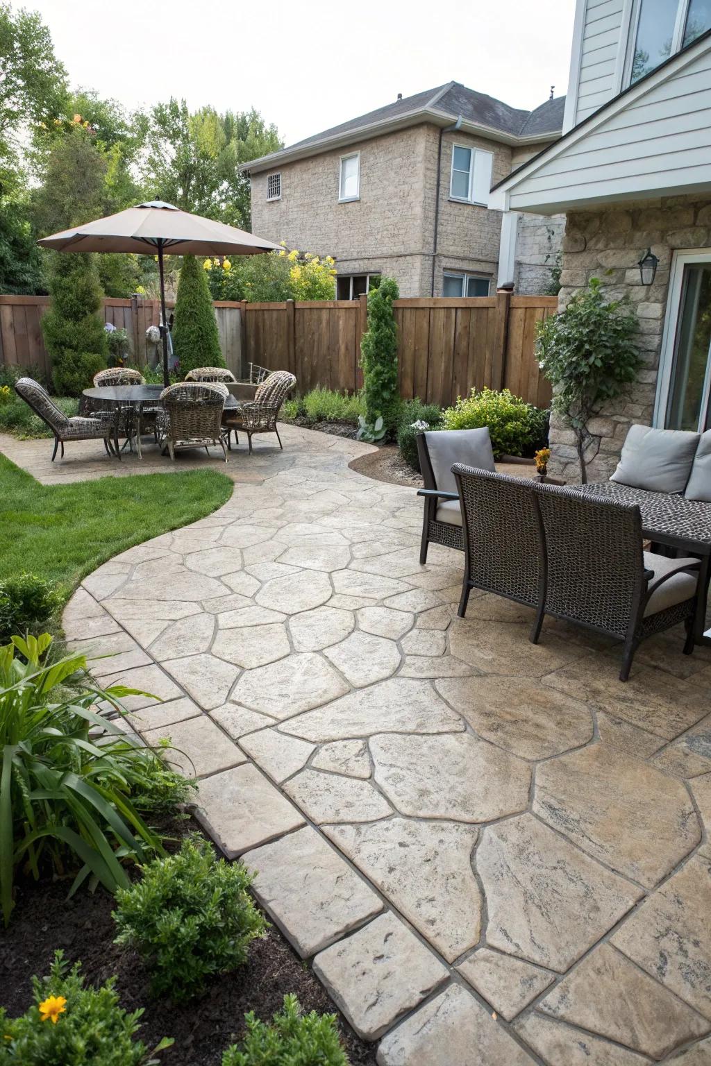 Stamped concrete mimics natural materials beautifully.